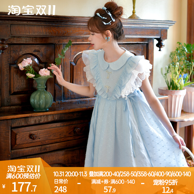 原创森女部落蕾丝花边拼接重工初恋飞飞袖连衣裙夏娃娃领公主裙子