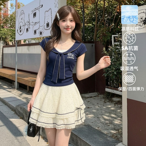 森女部落海军领假两件设计感短袖T恤女2026新款修身短款上衣夏季