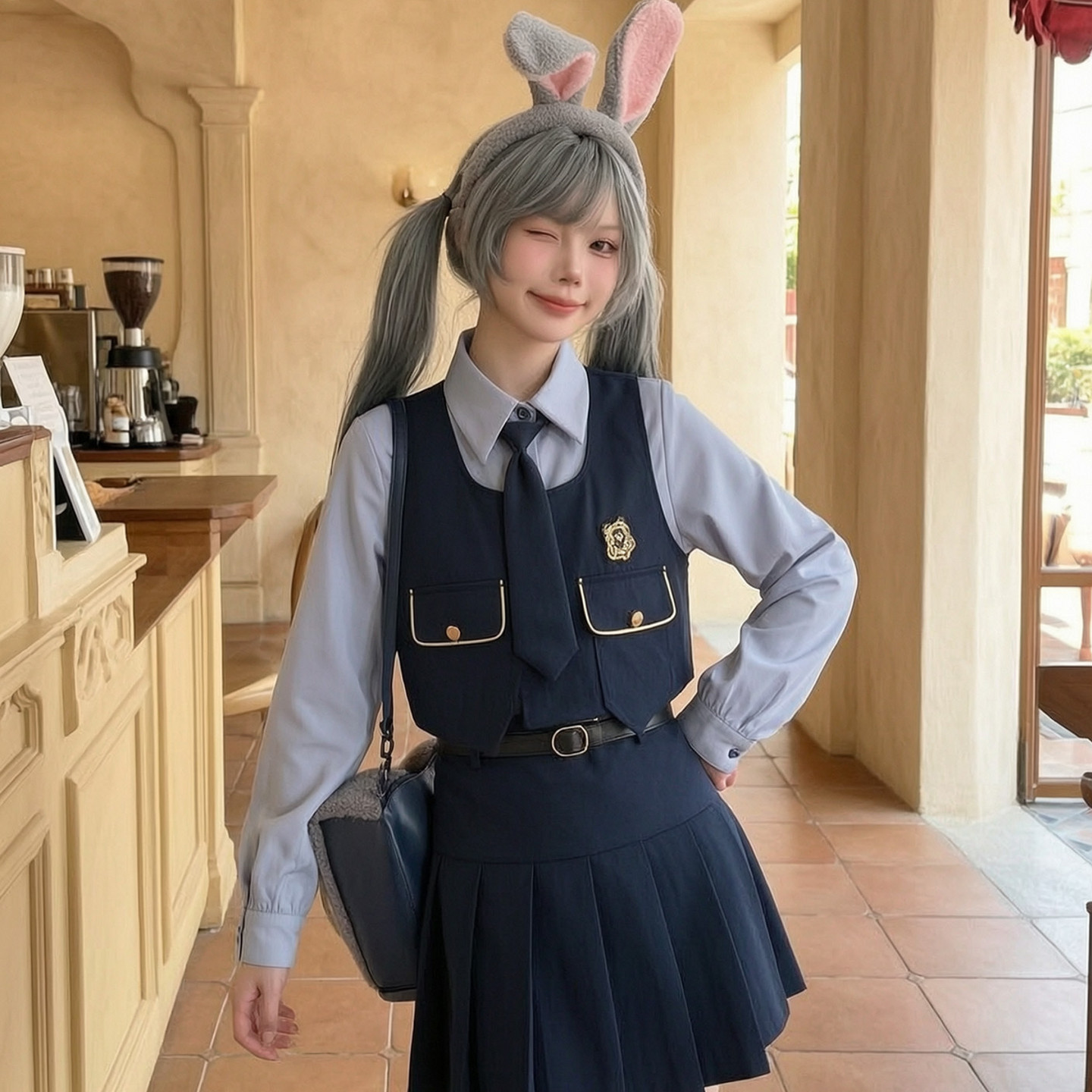 森女部落学院风设计感兔子警官cos服裙子套装女新款长袖制服春夏