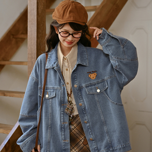 森女部落复古风可爱小熊刺绣牛仔外套女秋季 百搭宽松上衣2025新款