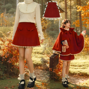 女装 森女部落原创甜美风红色小花边高腰半身裙短裙女2025冬季 新款