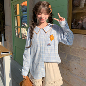 撞色设计感宽松上衣春季 森女部落甜美可爱猫咪刺绣格子衬衫 女新款