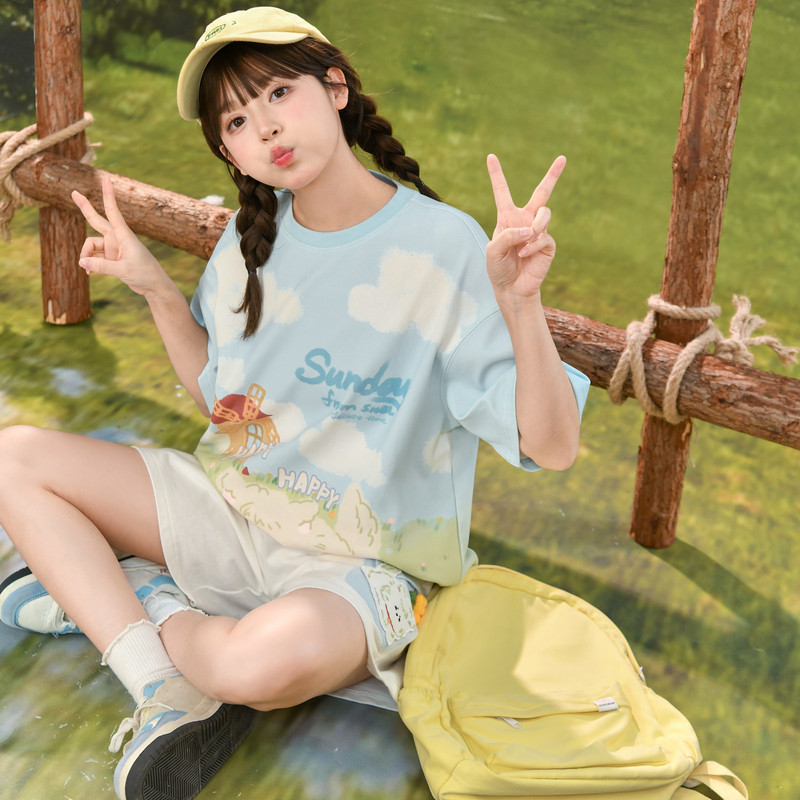 森女部落原创童话治愈系漫画印花短袖圆领T恤时尚套装两件套短裤,女装/女士精品,时尚套装,淘宝优惠券,粉丝福利购,淘宝优惠卷