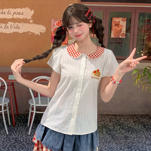 森女部落甜美风萌趣刺绣撞色娃娃领衬衫女款2026新款宽松上衣夏季