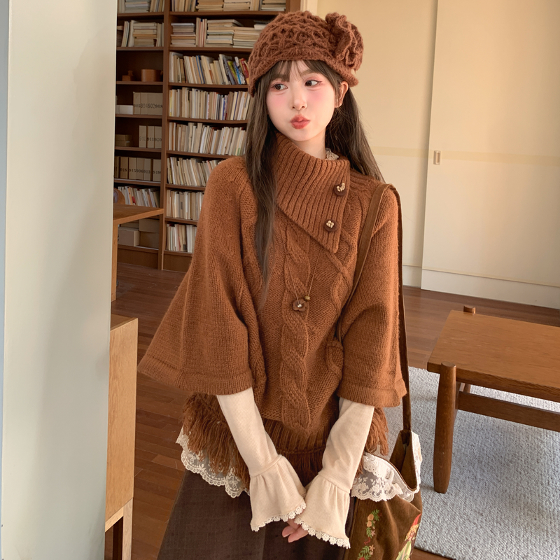 森女部落复古设计感斜领套头毛衣女2025新款宽松叠穿针织衫冬季