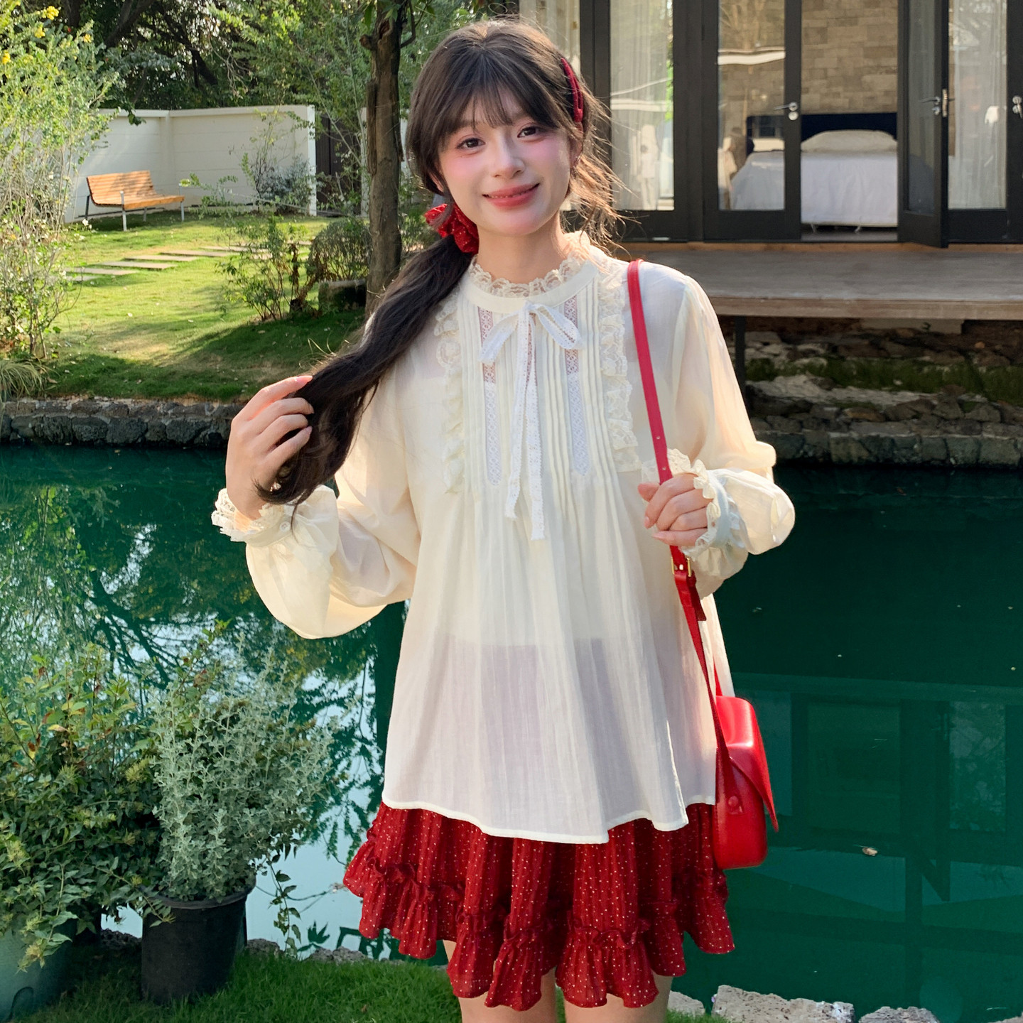 森女部落新款甜美风蕾丝雪纺衫女蝴蝶结立领设计感减龄百搭上衣夏