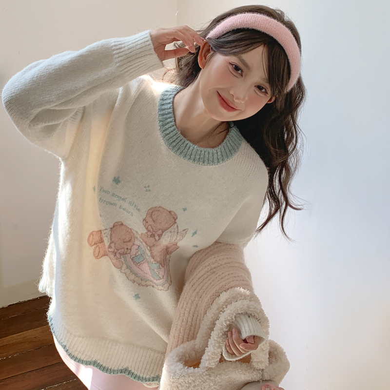 森女部落可爱小熊撞色毛衣女2025新款秋冬宽松甜美风百搭圆领上衣