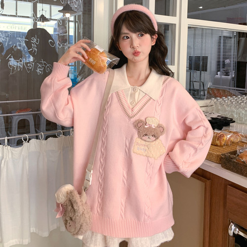 学院风可爱粉色假两件毛衣女秋冬