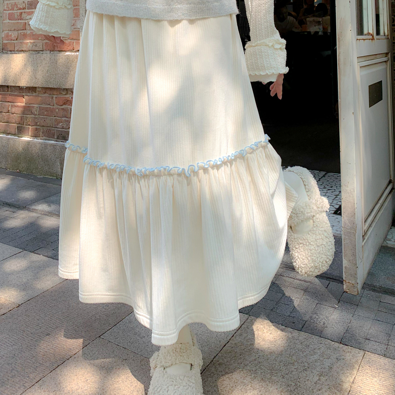 森女部落甜美风百搭花边高腰半身裙女2025新款宽松灯芯绒A字裙秋