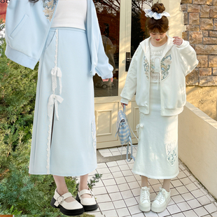 森女部落侧身开叉甜美蕾丝拼接高腰中长款 女 a字半身裙卫裙春秋装