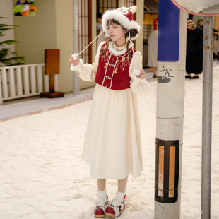 森女部落原创新中式 连衣裙毛呢马甲拜年服 国风新年战袍氛围感长袖