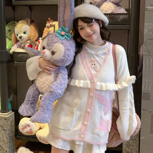 V领宽松毛衣秋季 女2025新款 针织开衫 森女部落甜美风可爱兔子长袖