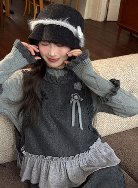 森女部落甜美风木耳边套头针织马甲新款撞色拼接时尚套装女冬季