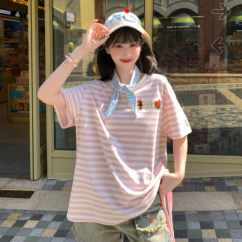 甜美圆领宽松条纹上衣短袖t恤女