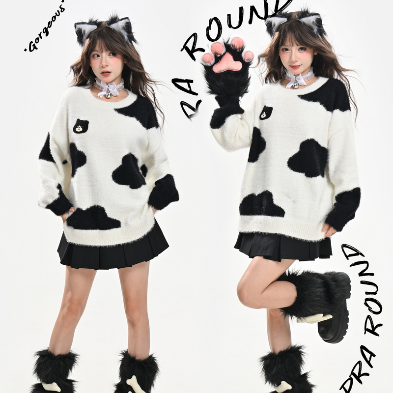 森女部落甜美可爱猫咪刺绣宽松针织衫女2025新款秋冬百搭撞色毛衣