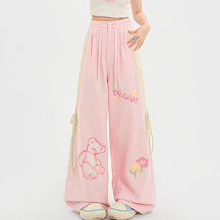 子 阔腿裤 森女部落甜美风粉色小熊印花高腰直筒休闲裤 女2025夏新款