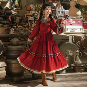 森女部落原创波西米亚重工大摆流苏西域民族风度假挂脖红色连衣裙