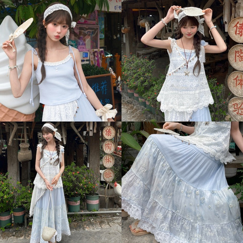 森女部落波西米亚风度假套装女撞色设计感半身裙修身吊带夏季穿搭