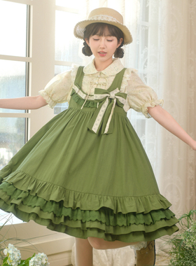 复古甜美森系风绿色显白娃娃裙背带连衣裙花边A字裙森女部落原创