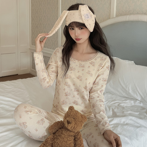 森女部落甜美软妹印花蕾丝花边睡衣套装女2025新款贴身保暖内衣冬