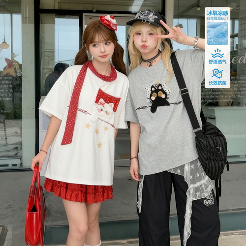 森女部落软萌元气少女休闲T恤女波点枕头小猫刺绣宽松短袖上衣夏