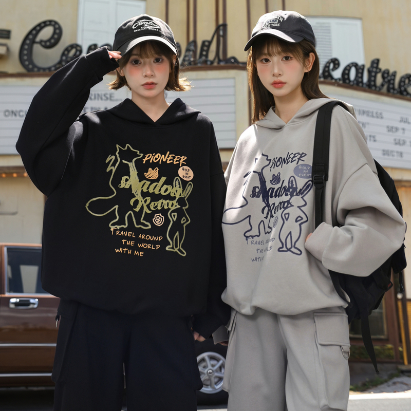 甜酷风卡通印花宽松连帽卫衣女秋