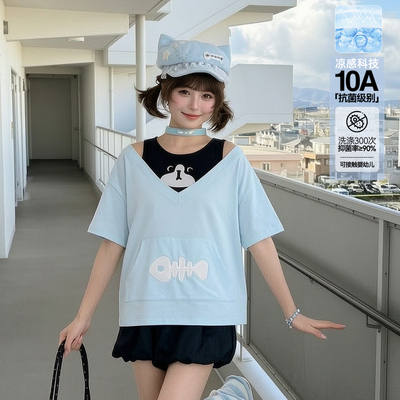 森女部落甜美猫咪刺绣设计感假两件宽松圆领凉感抗菌T恤女新款夏