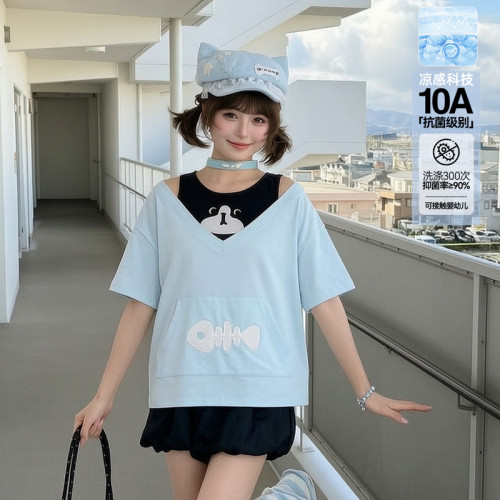 森女部落甜美猫咪刺绣设计感假两件宽松圆领凉感抗菌T恤女新款夏