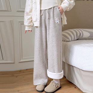 森女部落甜美风加绒高腰休闲裤 冬 女可爱小羊刺绣条纹慵懒糯米卫裤