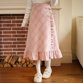 森女部落原创格子裙粉色长裙高腰A字裙花边甜美半身裙包臀伞裙女