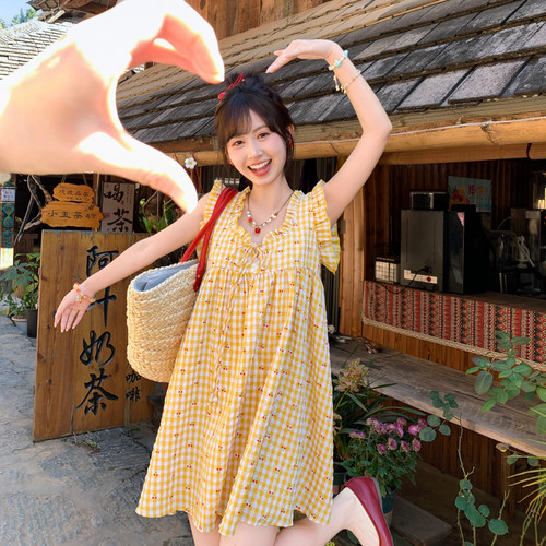 森女部落甜美风樱桃印花宽松背心裙女新款设计感叠穿格子短裙夏季