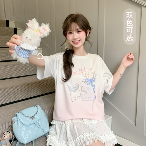 森女部落甜美风天使小羊印花渐变学生党宽松短袖T恤女2026新款夏