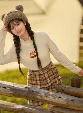 森女部落原创半高领花边熊猫毛巾绣打底衫T恤2026年新款女装冬款