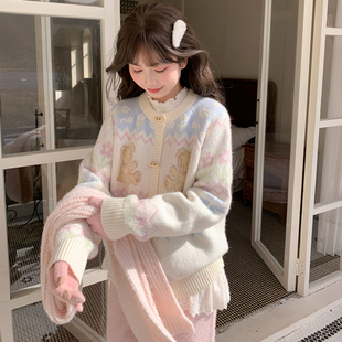 森女部落可爱小熊提花针织开衫 甜美软糯撞色宽松毛衣冬 女2025新款