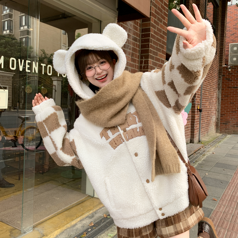 森女部落甜美风宽松绒衫女2025新款秋连帽撞色设计感刺绣加绒外套