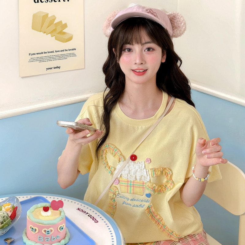 森女部落多巴胺甜美风设计感宽松纯棉短袖上衣T恤女百搭夏季新款,女装/女士精品,T恤,淘宝优惠券,粉丝福利购,淘宝优惠卷