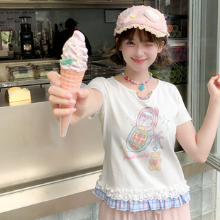 花边拼接设计感短袖 森女部落甜美风卡通印花T恤女夏2025新款 上衣