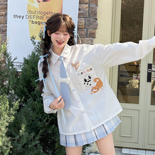 森女部落卡通可爱小狗图案宽松白色衬衫女上衣2025秋季新款衬衣夏