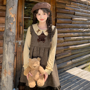 森女部落甜美风复古格子拼接设计感连衣裙女2025新款 宽松背心裙秋