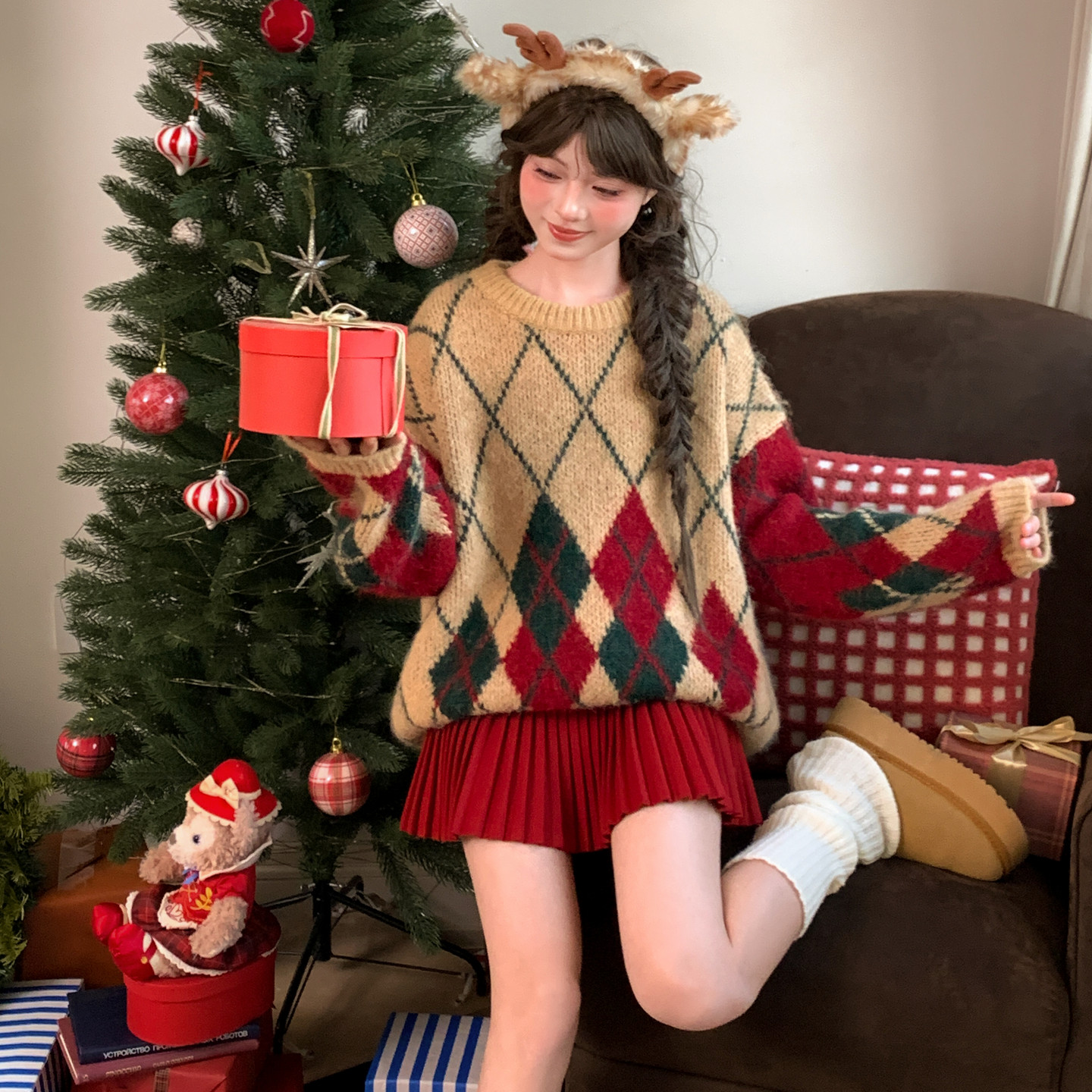 森女部落复古学院风菱格撞色圆领毛衣女2025新款宽松套头针织衫冬,女装/女士精品,毛衣,淘宝优惠券,粉丝福利购,淘宝优惠卷