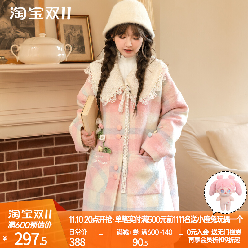 森女部落原创粉色格子呢子大衣中长款甜美毛呢外套2023年新款女装