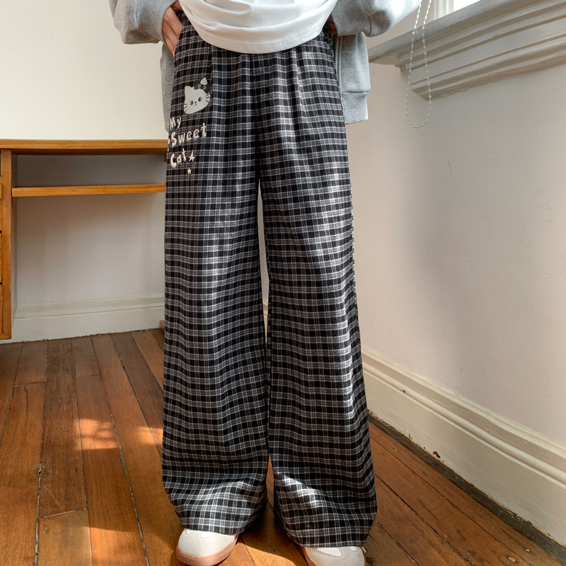 森女部落甜美格子高腰休闲裤女2025新款秋可爱猫咪百搭宽松直筒裤
