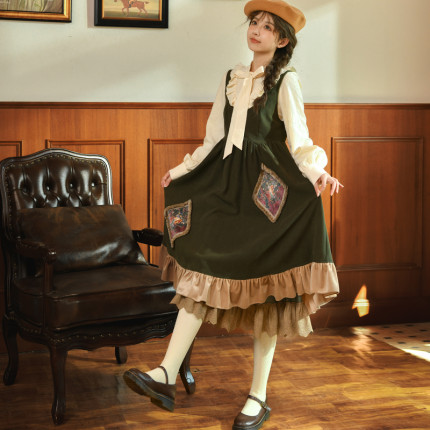 森女部落原创连衣裙春秋法式长裙气质轻lo背带裙秋装绿色女装裙子