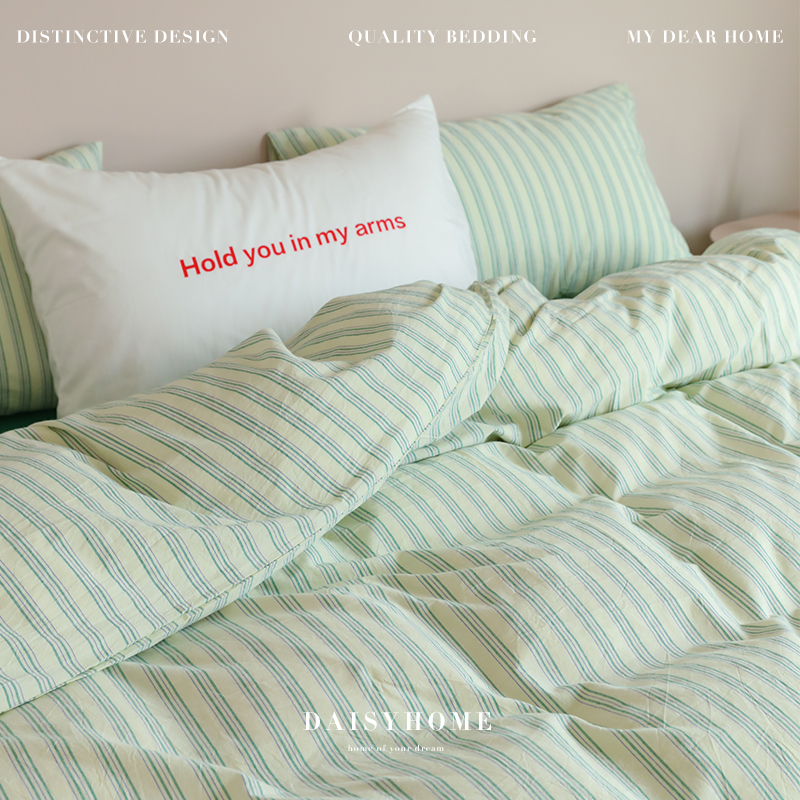 ins风绿色条纹纯棉水洗棉五件套