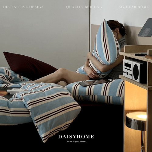 DAISYHOME美式复古蓝白条纹针织棉四件套全棉母婴可用裸睡四件套