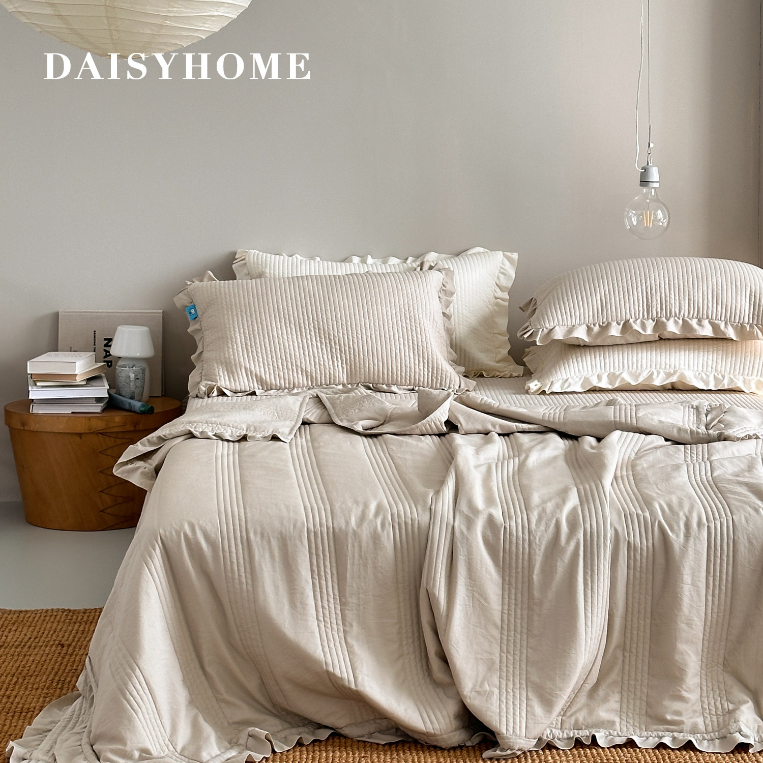 DAISYHOME韩式ins风绗缝天丝条纹花边凉感夏天床盖款夏凉被四件套