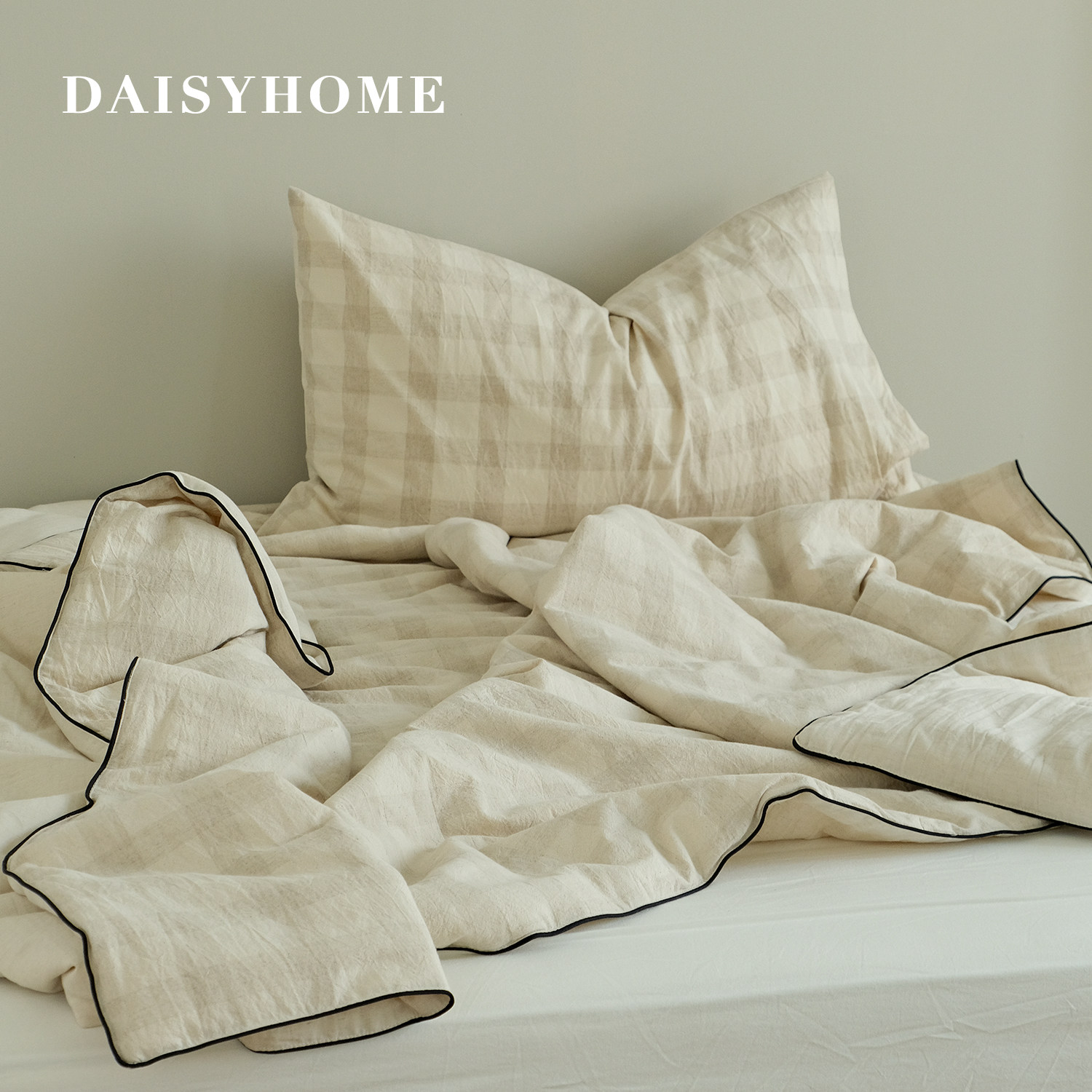 DAISYHOME素年亚麻纯棉混纺格子嵌条夏凉被空调被亲肤薄被四件套