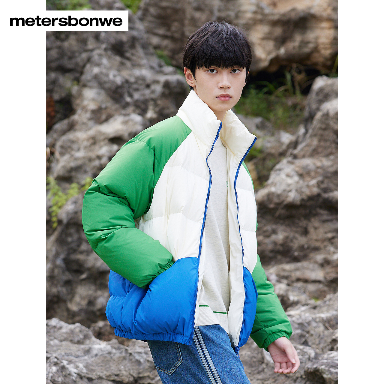 明星同款美特斯邦威羽绒服男2023冬季男女同款撞色拼接立领外套ZZ