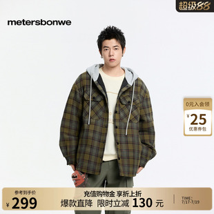 美特斯邦威棉服男冬季新款时尚潮流轻薄舒适连帽格子纯棉衬衫外套