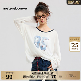 美特斯邦威t恤女2026夏季新款潮流印花薄款针织圆领休闲长袖上衣
